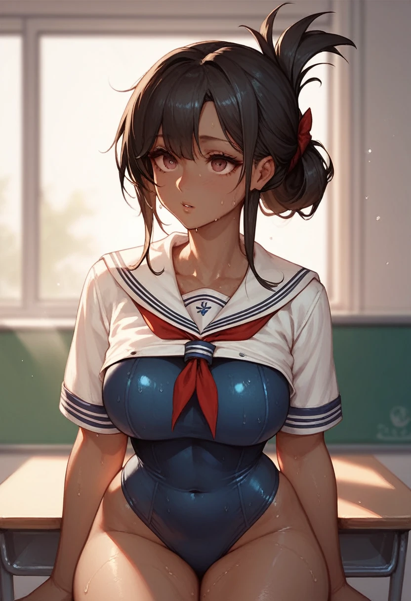 beautiful girl (((Dark brown skin))) Azur Lane Sailor suit School Swimsuit Beautiful tall woman Black Hair Long, narrow eyes sweat (((folded ponytail))) Alluring classroom Love juice