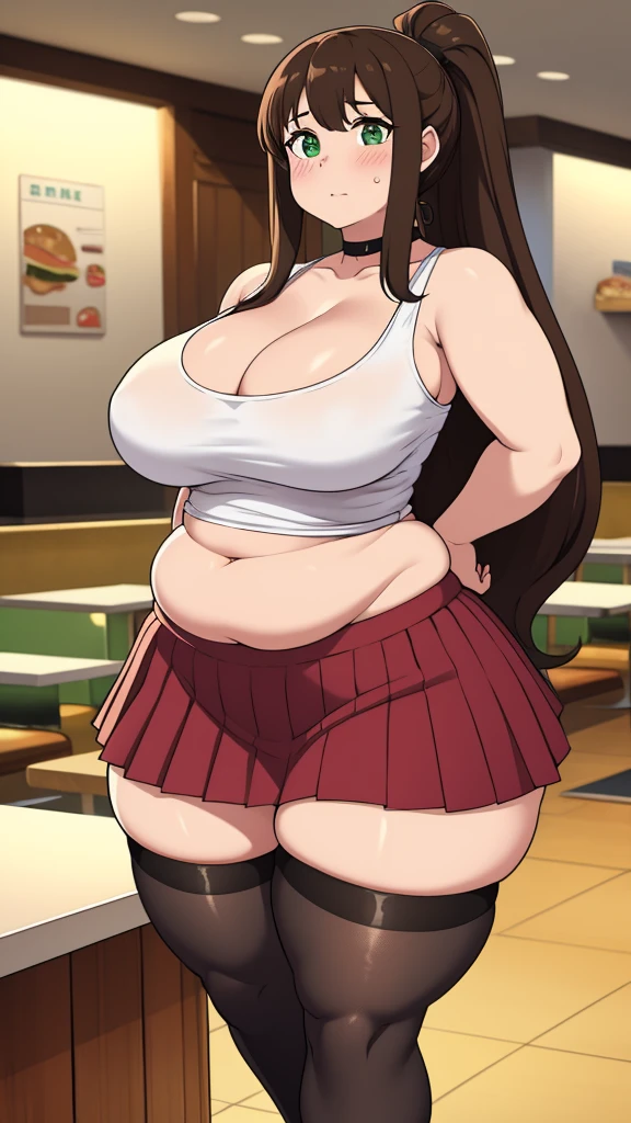 ((highres)), Masterpiece, high quality, best quality, beautiful, perfect lighting, detailed face, ultra cute face, looking at viewer, (((1girl))), (((solo))), long hair, fluffy hair, brown hair, ponytail, green eyes, ((blush)), white tank top, short red pleated skirt, thigh highs, chocker, large breasts, cleavage, perky breasts, (wide hips), (thick thighs), chubby belly, standing, fast food restaurant, arms behind back,