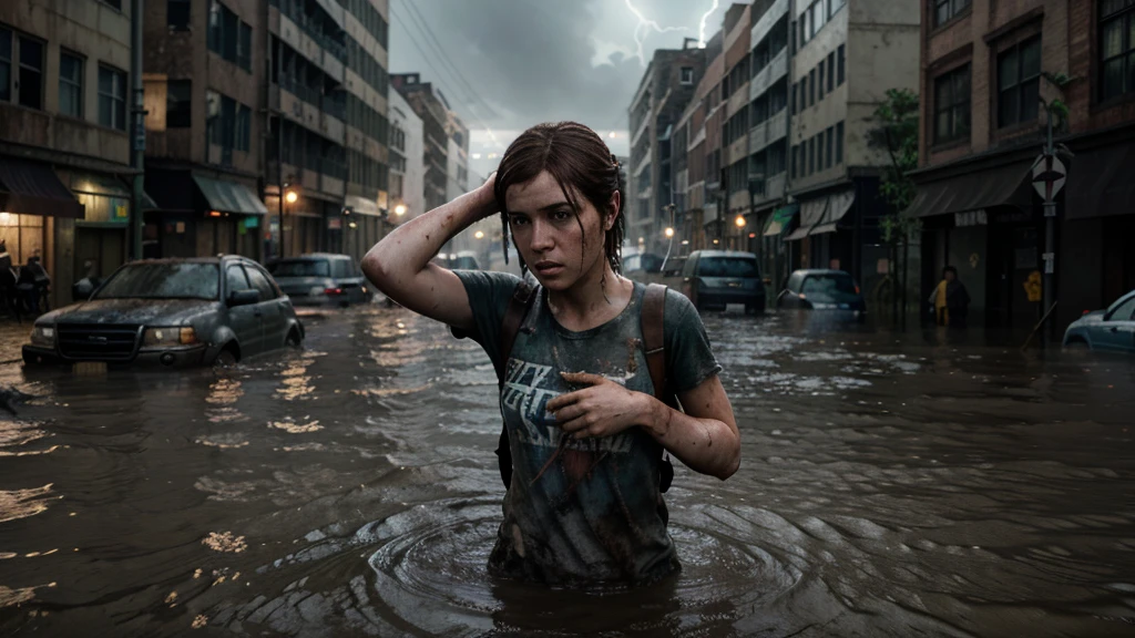 (Ellie the last of us 2), a half-length masterpiece, an 18 year old dark brown American girl with freckles running in the water, blue colored eyes, slim and slim body, very tiny breasts, pale skin, body soaking wet, dark gray t-shirt, ripped t-shirt, wet and dirty t-shirt, dirty t-shirt. very highly detailed face, freckles on the face, escaping, afraid, fleeing, woman is on the left side of the image, steady look, dynamic pose, on a flooded street in Manhattan late afternoon, Clouded, flooded city, flood, mud in the streets, mud in the streets, flooding in the streets, Brazil Rio Grande do Sul flooding, the last of us 2 background, apocalyptic atmosphere, The Last Of Us 2 vibes, thunderstorm, lightning, Tuuli, ripples, catastrophic lightning, ultra realistic photograph, ultra HD, 8K, Sharp Photography, wide angle.
