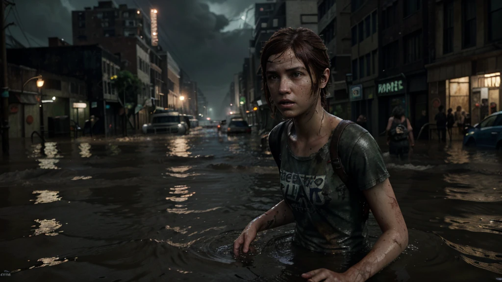 (Ellie the last of us 2), a half-length masterpiece, an 18 year old dark brown American girl with freckles running in the water, blue colored eyes, slim and slim body, very tiny breasts, pale skin, body soaking wet, dark gray t-shirt, ripped t-shirt, wet and dirty t-shirt, dirty t-shirt. very highly detailed face, freckles on the face, escaping, afraid, fleeing, woman is on the left side of the image, steady look, dynamic pose, on a flooded street in Manhattan late afternoon, Clouded, flooded city, flood, mud in the streets, mud in the streets, flooding in the streets, Brazil Rio Grande do Sul flooding, the last of us 2 background, apocalyptic atmosphere, The Last Of Us 2 vibes, thunderstorm, lightning, Tuuli, ripples, catastrophic lightning, ultra realistic photograph, ultra HD, 8K, Sharp Photography, wide angle.