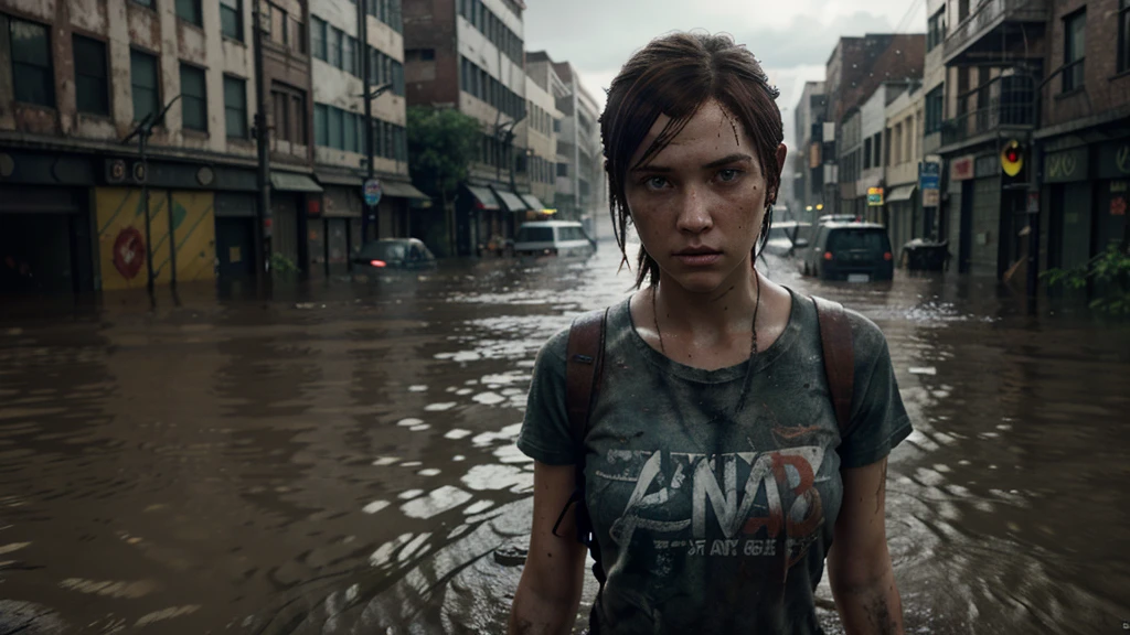 (Ellie the last of us 2), a half-length masterpiece, an 18 year old dark brown American girl with freckles running in the water, blue colored eyes, slim and slim body, very tiny breasts, pale skin, body soaking wet, dark gray t-shirt, ripped t-shirt, wet and dirty t-shirt, dirty t-shirt. very highly detailed face, freckles on the face, escaping, afraid, fleeing, woman is on the left side of the image, steady look, dynamic pose, on a flooded street in Manhattan late afternoon, Clouded, flooded city, flood, mud in the streets, mud in the streets, flooding in the streets, Brazil Rio Grande do Sul flooding, the last of us 2 background, apocalyptic atmosphere, The Last Of Us 2 vibes, thunderstorm, lightning, Tuuli, ripples, catastrophic lightning, ultra realistic photograph, ultra HD, 8K, Sharp Photography, wide angle.