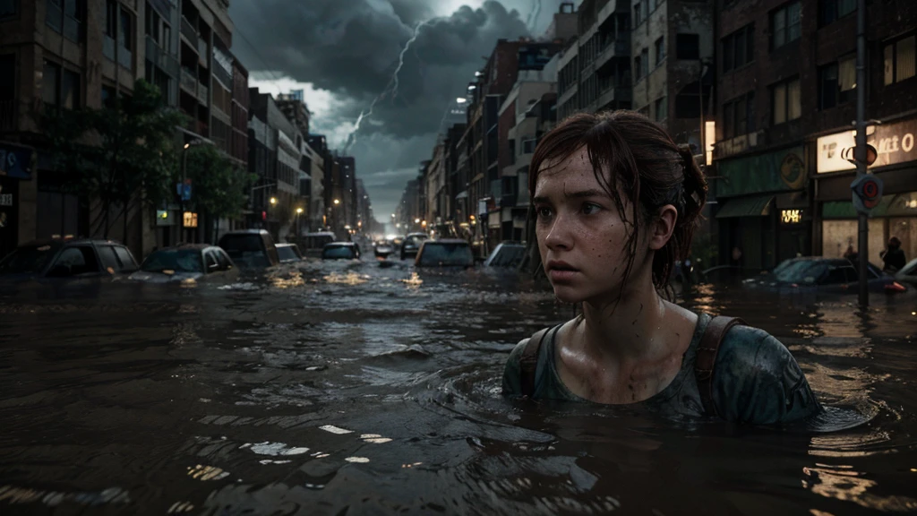 (Ellie the last of us 2), a half-length masterpiece, an 18 year old dark brown American girl with freckles running in the water, blue colored eyes, slim and slim body, very tiny breasts, pale skin, body soaking wet, dark gray t-shirt, ripped t-shirt, wet and dirty t-shirt, dirty t-shirt. very highly detailed face, freckles on the face, escaping, afraid, fleeing, woman is on the left side of the image, steady look, dynamic pose, on a flooded street in Manhattan late afternoon, Clouded, flooded city, flood, mud in the streets, mud in the streets, flooding in the streets, Brazil Rio Grande do Sul flooding, the last of us 2 background, apocalyptic atmosphere, The Last Of Us 2 vibes, thunderstorm, lightning, Tuuli, ripples, catastrophic lightning, ultra realistic photograph, ultra HD, 8K, Sharp Photography, wide angle.