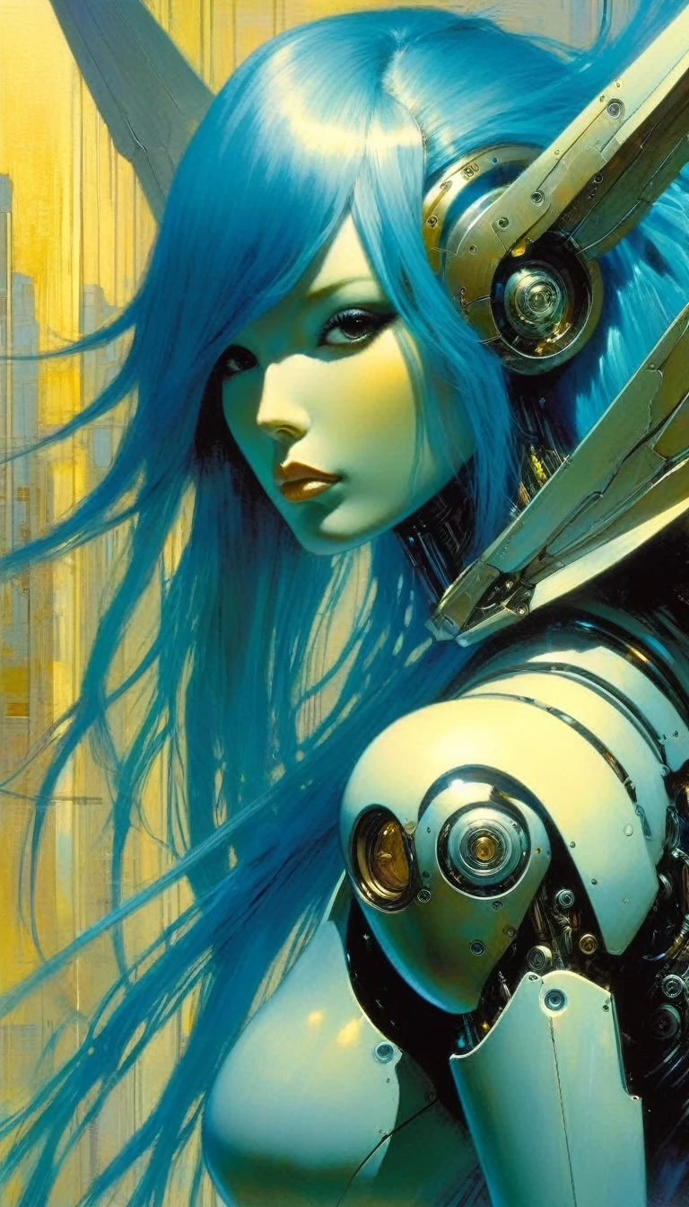 houjuu nue, asymmetrical metallic wings, mechanical parts, cyborg, Wambu, Wambu_Draws, long blue hair, futuristic world scene background (art inspired by Bill Sienkiewicz). oil painting)