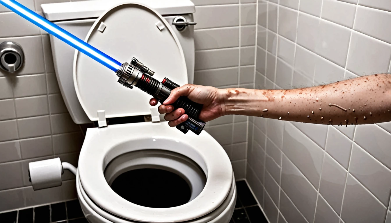 A HAND HOLDING A LIGHTSABER, COMING OUT OF A TOILET, ALL DIRTY