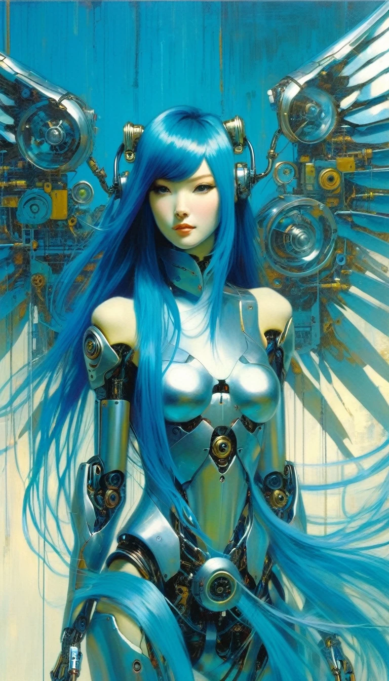 houjuu nue, asymmetrical metallic wings, mechanical parts, cyborg, Wambu, Wambu_Draws, long blue hair, futuristic world scene background (art inspired by Bill Sienkiewicz). oil painting)