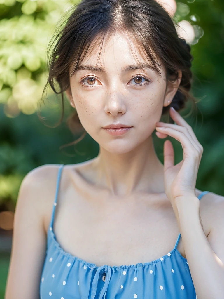 Thin French woman with light complexion, occhi blu e capelli mori e lunghi, fine and delicate features, freckles, she is wearing a long blue summer dress, immagine del corpo completo 