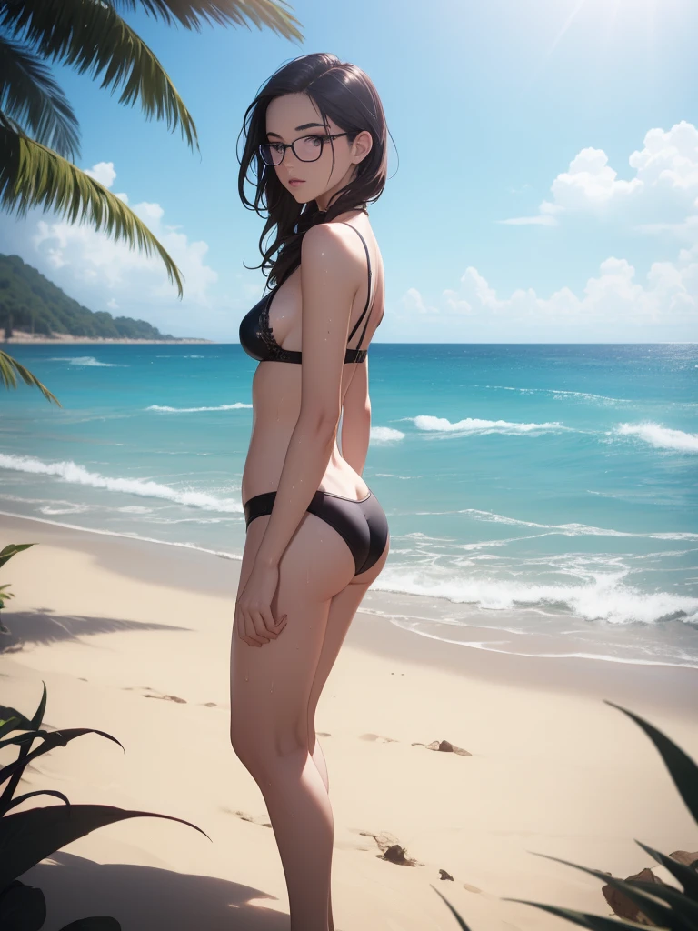 beautiful girl with purple eyes, 1girl, matured, jacket, black bikini, glasses beach, ocean, sunset, seashore, wet sand, waves crashing, palm trees, dramatic lighting, soft glowing skin, (best quality,4k,8k,highres,masterpiece:1.2),ultra-detailed,(realistic,photorealistic,photo-realistic:1.37),cinematic,vibrant colors,dramatic lighting,glowing skin,detailed facial features,long eyelashes,beautiful detailed eyes,beautiful detailed lips,extremely detailed eyes and face