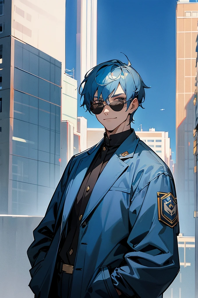 blue hair, short hair, silver eyes, black and blue jacket, smirking, with shades over head, in a city, mature male, upper body, arms in pockets,
