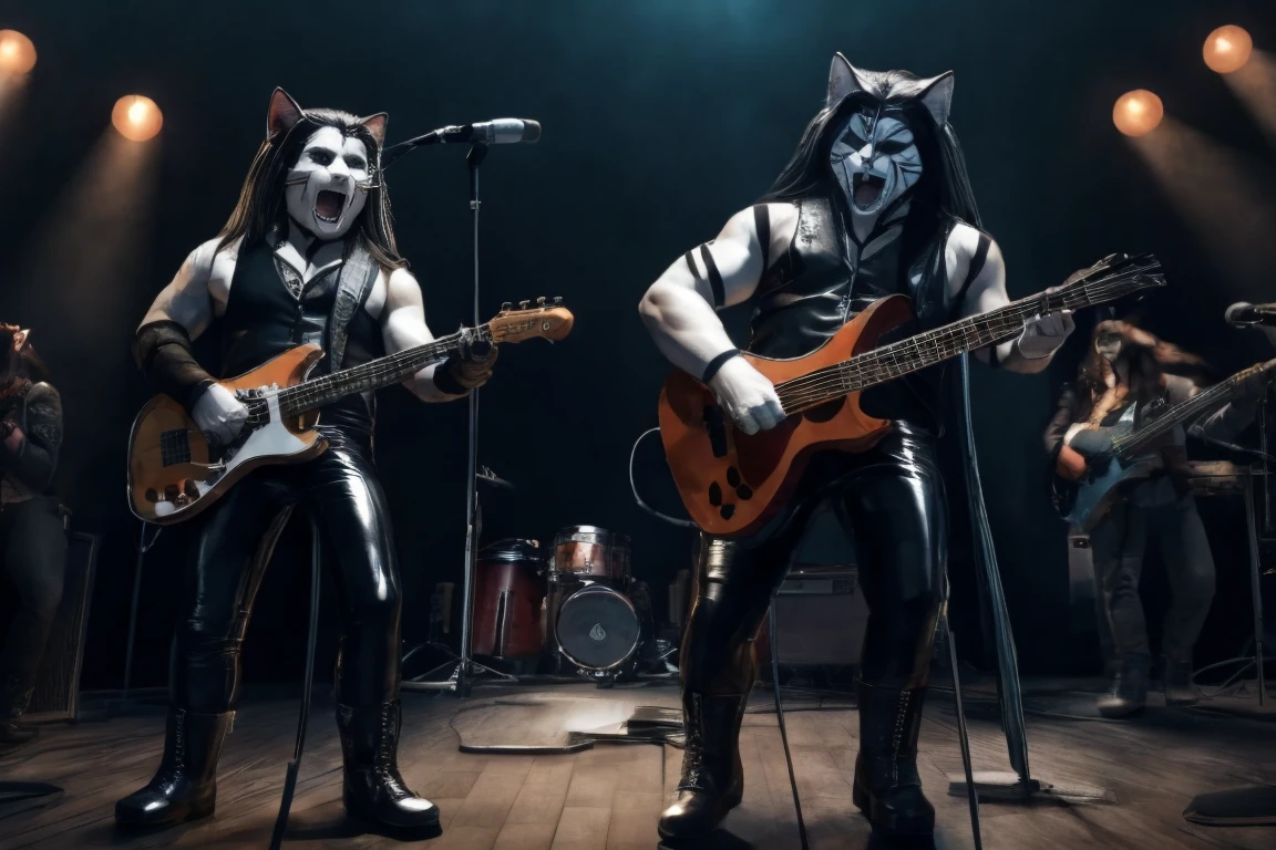 Three white male cats painted on their faces with black lines in different shapes, all with long hair. with high quality, 4k, hdr, dressed in this outfit open black leather vests without shirt tight black leather pants and black leather boots with demon faces engraved on the toe, two playing the guitar and singing, one singing and playing the bass, and one playing the drums behind everyone higher up. all singing on stage. Full body front view.