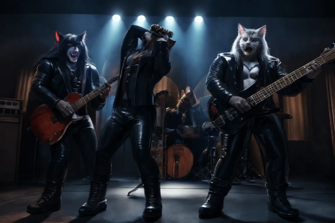 Three white male cats painted on their faces with black lines in different shapes, all with long hair. with high quality, 4k, hdr, dressed in this outfit open black leather vests without shirt tight black leather pants and black leather boots with demon faces engraved on the toe, two playing the guitar and singing, one singing and playing the bass, and one playing the drums behind everyone higher up. all singing on stage. Full body front view.