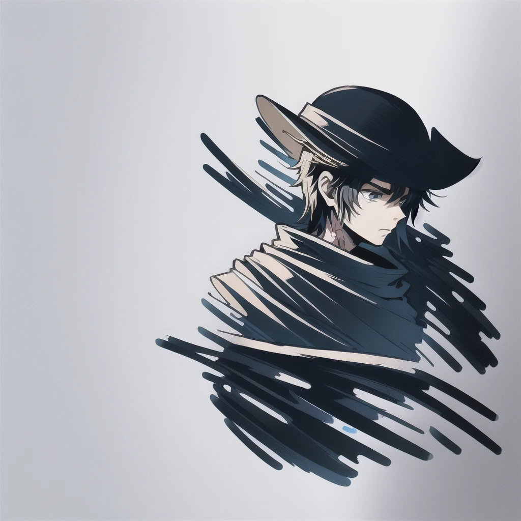 (masterpiece, best quality), Intricate detailing, 8K, artstation, backdrop, offcial art, keen focus, 1 boy, One Piece, chibi, Straw Hat Logo, White background, simple sea background, black hair, pirate flag in the background, only up to the upper body, Strawhat