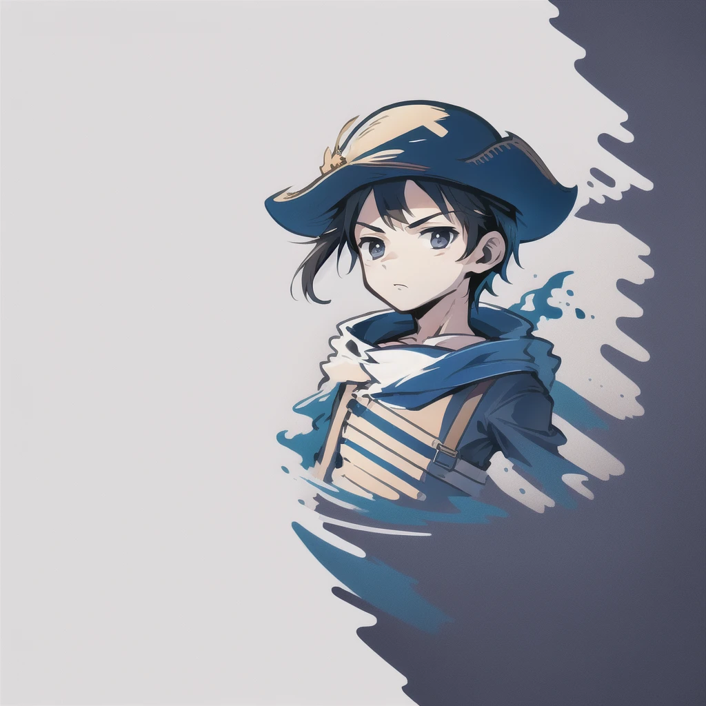 (​masterpiece, best quality), Intricate detailing, 8K, artstation, backdrop, offcial art, keen focus, 1 boy, One Piece, chibi, Straw Hat Logo, White background, simple sea background, black hair, pirate flag in the background, only up to the upper body, Strawhat