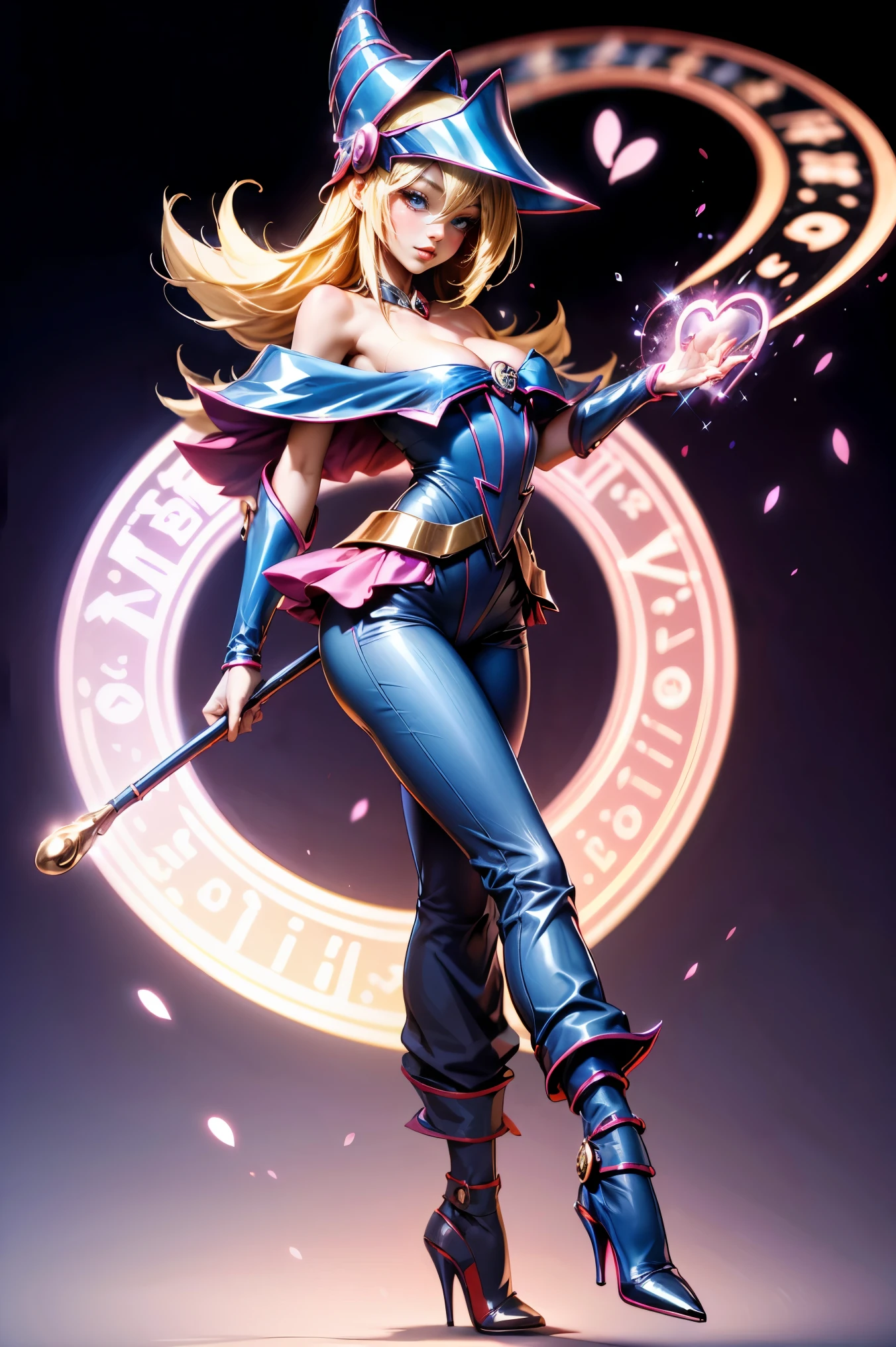 dark magician gils, with high-heels. pants, sexy, Subjective and sensual pose. magic background. Magical heart in the air. magic circle