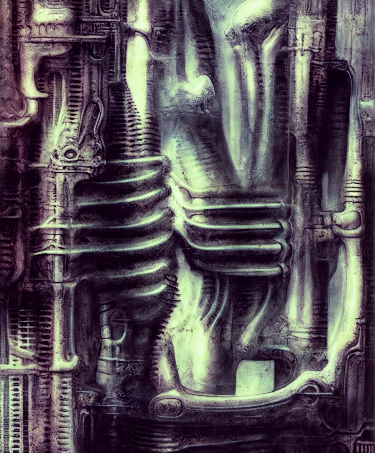 g1g3r, Giger_style, The image is a detailed view of H.R. Giger's \" Li II \" plate, featuring a complex network of bones and organs in a purple-brown hue ,swirling gray and brown colorsgroup of three alien figures positioned in the foreground. Emaciated and skeletal, with hollow eyes, they appear to be constructed from bone and metallic elements, a characteristic fusion of organic and mechanical forms found in Giger's biomechanical art.
The image features a robotic humanoid figure with intricate mechanical details, standing in a room with a glowing screen displaying the word \"EVE\" and a hand reaching out to touch its face. The background is a dark and limited space painted in a uniform blue-green color. This lack of detail keeps the focus on the figures and creates a sense of mystery about their environment. Receding into the distance are a series of arches and tunnels that hint at a larger biomechanical landscape, possibly the work of the creatures themselves The artwork is silver and purplish brown, with an ivory bones prominently displayed. The image is highly detailed and intricate, almost like a 3d version of a medical diagram (detailed view of an anatomy model, possibly of a human body, with transparent organs and bones exposed). The piece has a thick mechano-organic texture and is covered in fine details. The image has a swirling, organic quality to it. The artistic manner would be unmistakably Gigeresque. A dark and unsettling beauty would permeate the piece, blurring the lines between fascination and repulsion , forever haunted by the grotesque allure. Giger's signature artistic manner would be evident in every stroke. The airbrush would be wielded with masterful precision to create a hyperrealistic yet nightmarish aesthetic.., ooze soaked pajama top