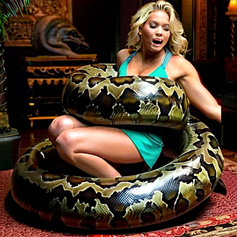 Topless  pink thong  wearing Happy Horny, aroused 1girl), beautiful kneeling blonde young  girl with  giant colossal black titanboa squeezing her hard, wrapped in thick spiraling coils, constricted, struggle, gasping for air, snake attack, snake peril, moonless night, dim light