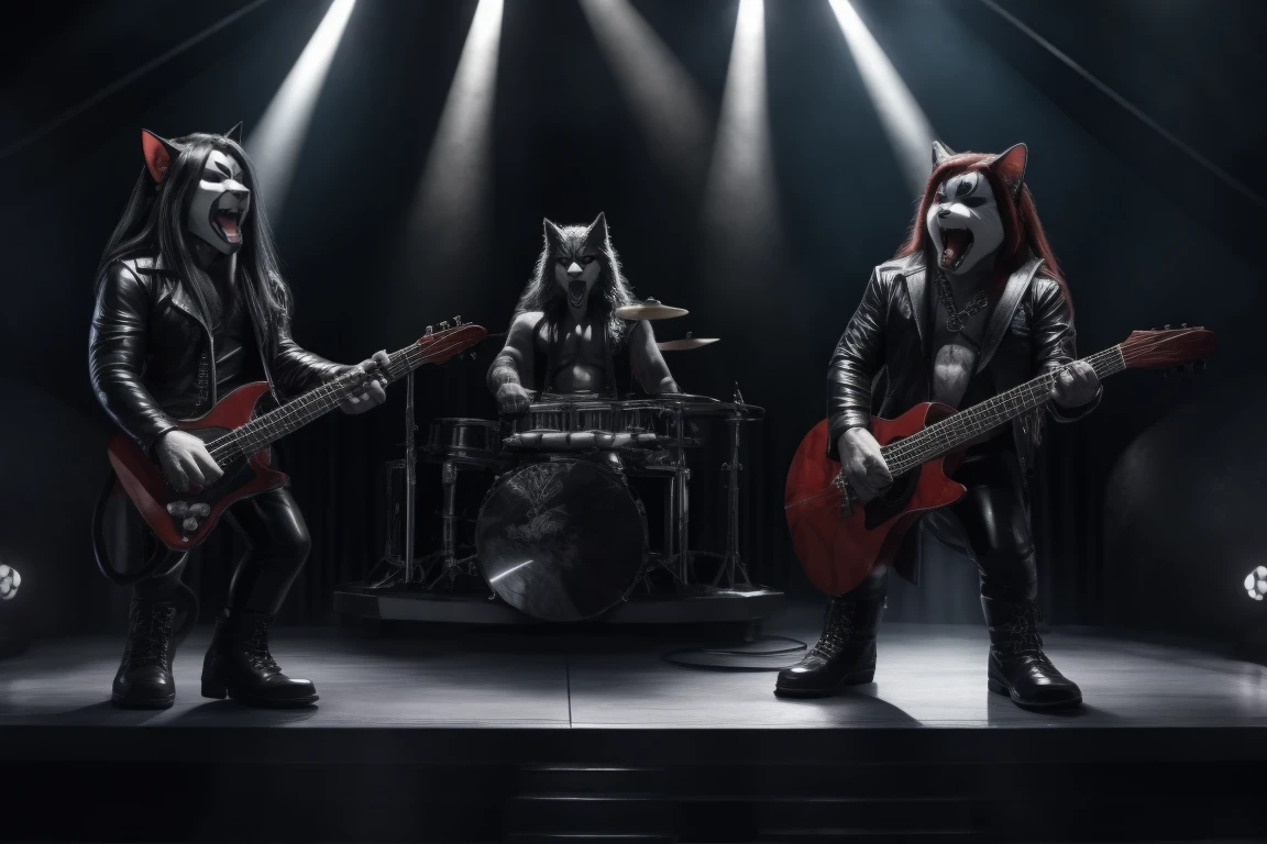 Three white male cats painted on their faces with black lines in different shapes, all with long hair. with high quality, 4k, hdr, dressed in this outfit open black leather vests without shirt tight black leather pants and black leather boots with demon faces engraved on the toe, two playing the guitar and singing, one singing and playing the bass, and one playing the drums behind everyone higher up. all singing on stage. Full body front view.