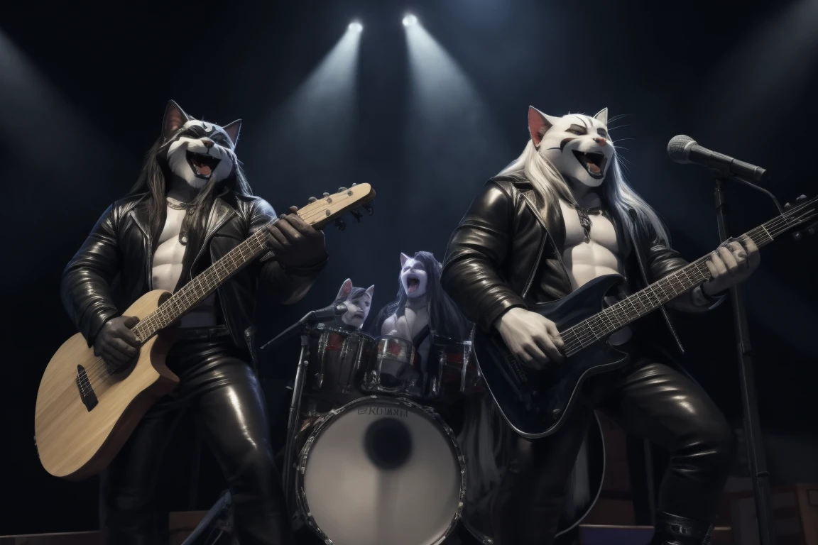 Three white male cats painted on their faces with black lines in different shapes, all with long hair. with high quality, 4k, hdr, dressed in this outfit open black leather vests without shirt tight black leather pants and black leather boots with demon faces engraved on the toe, two playing the guitar and singing, one singing and playing the bass, and one playing the drums behind everyone higher up. all singing on stage. Full body front view.