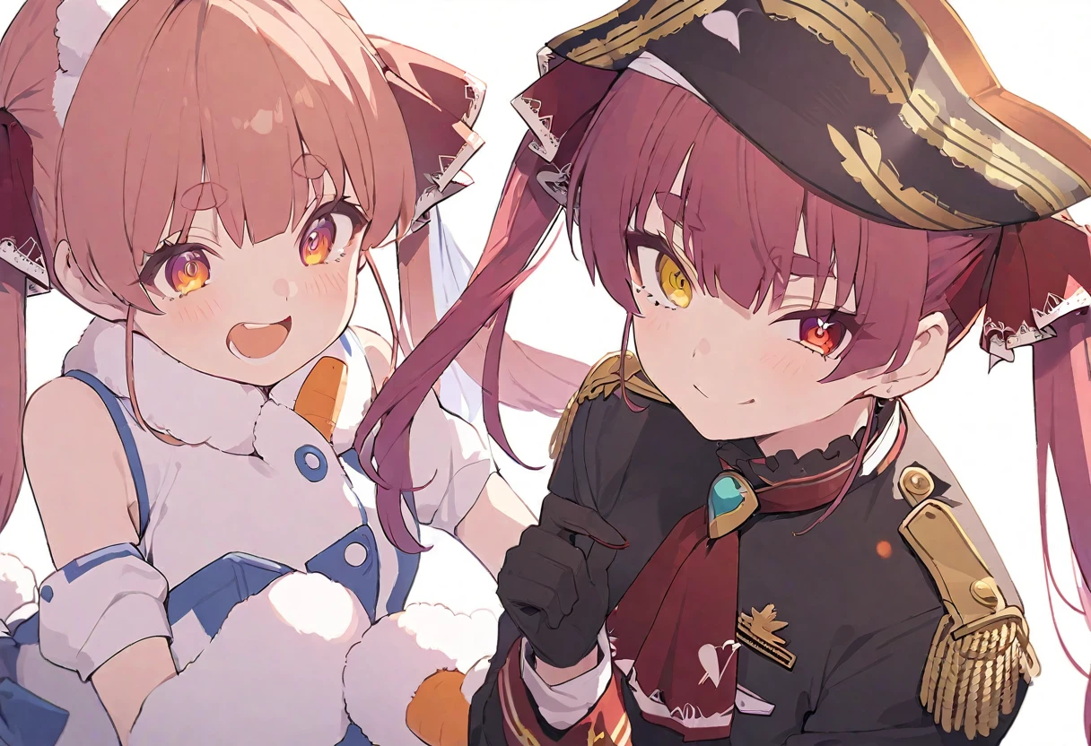 delicate、masterpiece、Highest quality、2 peopleの女の子、2 peopleだけ、2 people、virtual、Aquamarine、cute、(((Houshou Marine,cute、Redhead、Twin tails,distinct eyes,The left eye is yellow and the right eye is red.,captain uniform、Shoulder Bare、Haveは無し)))、(((Usada Pekora、Used Pekora、cute、Light blue and white hair、三つ編みTwin tails、A carrot is stuck in the braid、Orange and yellow gradient eyes、Cute big eyes、White fluffy cute clothes、Bunny scarf、Black gloves、Fluffy bunny ears、Have)))、White Background、Flat Color、sketch