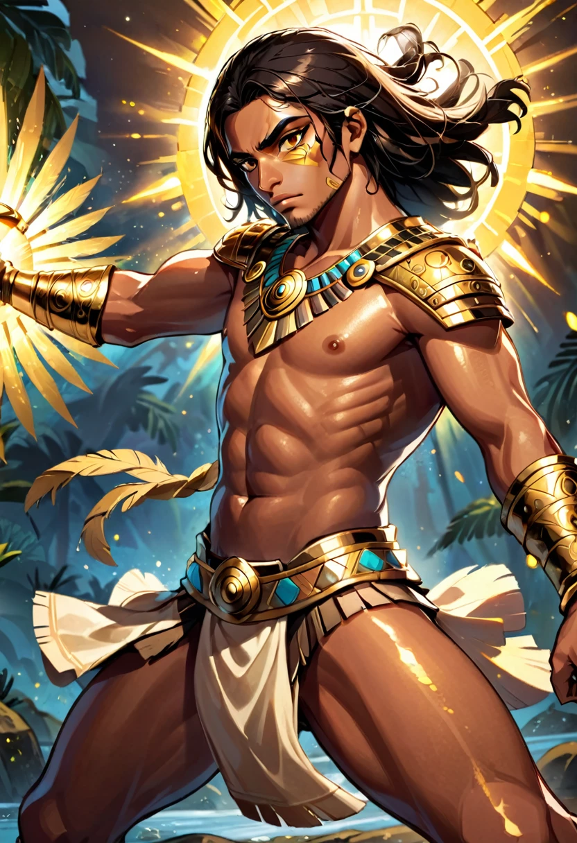 in D&D art style, create a male aztec warrior character, he has brown skin a black sholder length hair, and a golden shining eye. he is in a battle fight position.The picture must show the whole body
