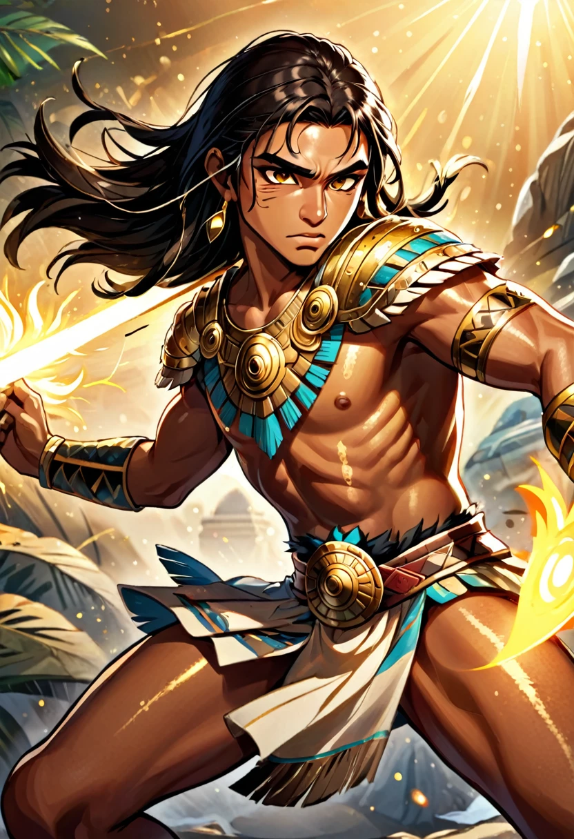 in D&D art style, create a male aztec warrior character, he has brown skin a black sholder length hair, and a golden shining eye. he is in a battle fight position.The picture must show the whole body