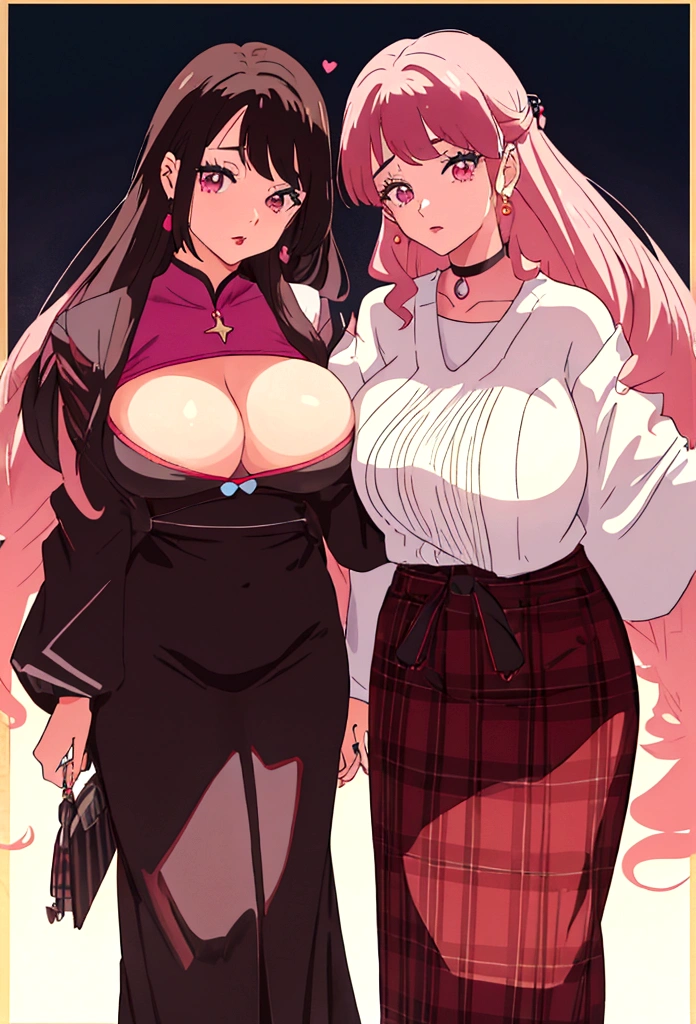 Create an avatar of a young woman with a thick body in 90s anime style - **hairs**: moreno claro, smooth ass, long and with bangs over the forehead. - **eyeballs**: large and light brown, with eyeliner. - **lips**: mics e com batom vermelho. -**nase**: mic, thin and narrow. - **cheeks**: small, a pink heart. - **jawline**: mic e Redondo. - **vestimentas**: black jersey, red and black plaid skirt. - **accessory**: aretes, necklase. - **scenario**: tokyo japan neighborhood. (thick body)