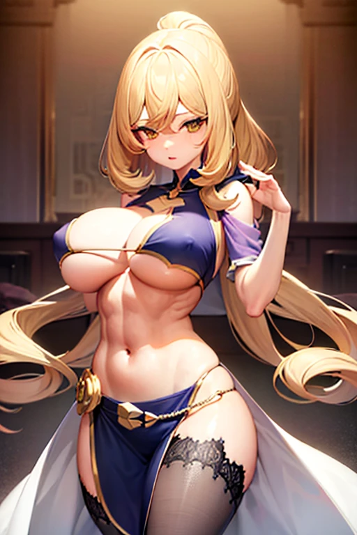 Pokémon、Sirona、Blonde、Belly button、long hair、Dark Room、Yellow Eyes、Big Breasts、Abdominal muscles、Slanted Eyes