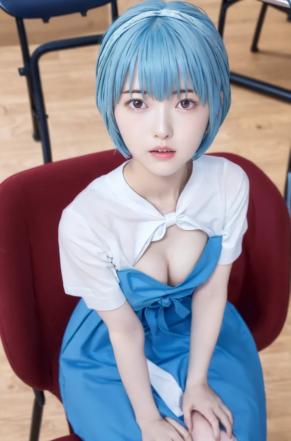 ((One Girl:1.4)),(masterpiece, Highest quality), ayanami,Are standing,((Looking into the camera)),(((Blue Hair)))、(((Berry Short))),(((I can see your chest))),(Nipples are visible), Rayanami, Rei Ayanami, whole body、I can see your thighs、classroom、Sit on a chair、
blue dress, dress, neck ribbon, pinafore dress, red ribbon, ribbon, , Short sleeve, short-sleeved sweater, sweater,
looking at viewer, (masterpiece:1.2), Highest quality, High resolution, unity 8k wallpaper, (figure:0.8), (Beautiful attention to detail:1.6), Highly detailed face, Perfect lighting, Highly detailed CG, (Perfect hands, Perfect Anatomy),