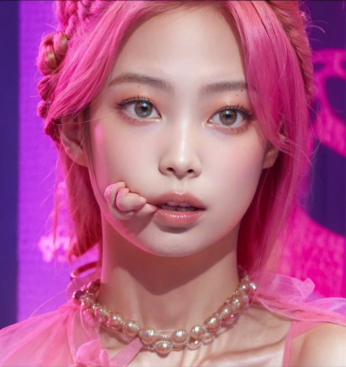 a close up of a person with a pink outfit on and pink eyes, aesthetic!!!!!! female genie, roseanne park of blackpink, kim doyoung, portrait of jossi of blackpink, lalisa manobal, pink twintail hair and cyan eyes, portrait of kim petras, with long white hair, inspired by Yanjun Cheng, jossi of blackpink, bigs tits