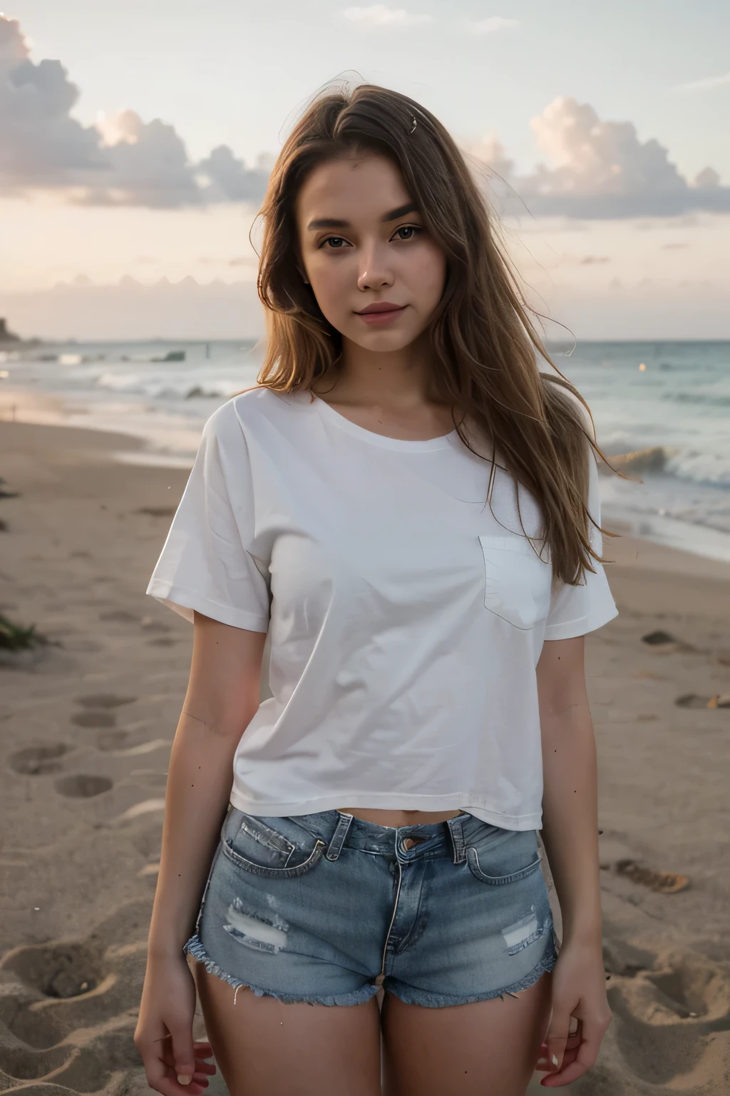 17-year-old blonde woman in a loose white shirt and denim shorts on the beach in a beautiful sunset