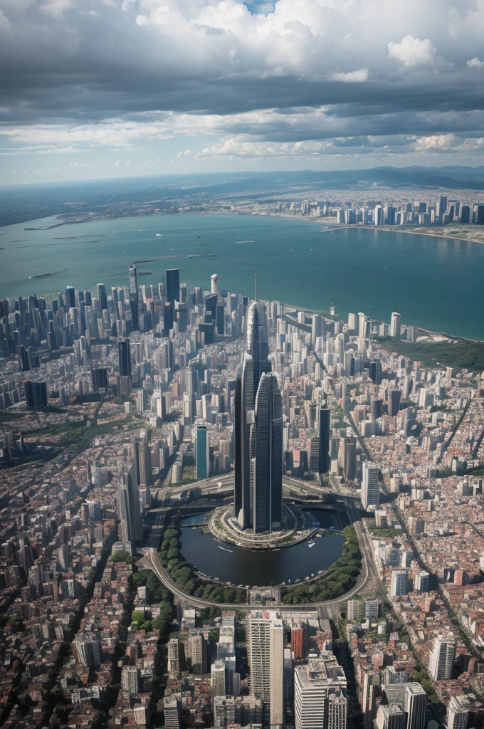 Create a digital image that combines an aerial view of São Paulo during the day with the visual effects of a post-nuclear attack scenario, similar to the Boy bomb explosion in Nagasaki. Use editing techniques to simulate distortion and heat effects, resulting in an image that is blurry and difficult to distinguish clear details. The scene must convey an atmosphere of urban devastation, where the contours of the city blend with the traces of destruction, evoking a sense of dramatic impact and radical transformation of the urban environment.