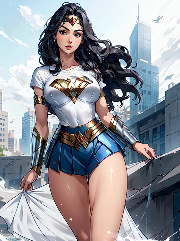 g4lg, wonder woman, ((wearing a white Real Madrid tshirt)), (pretty face:1.2), (finely detailed face and beautiful eyes), mature female, muscle, bare hands, (armlet, blue armor skirt, bracer, head ring ), (black eyes, black long hair, messy hair, floating hair), ((white Real Madrid tshirt)), (long proportional legs), (best quality:1.1),(city background:1.2), dark_fantasy,, ((masterpiece)), 