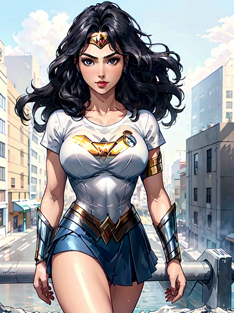 g4lg, wonder woman, ((wearing a white Real Madrid tshirt)), (pretty face:1.2), (finely detailed face and beautiful eyes), mature female, muscle, bare hands, (armlet, blue armor skirt, bracer, head ring ), (black eyes, black long hair, messy hair, floating hair), ((white Real Madrid tshirt)), (long proportional legs), (best quality:1.1),(city background:1.2), dark_fantasy,, ((masterpiece)), 