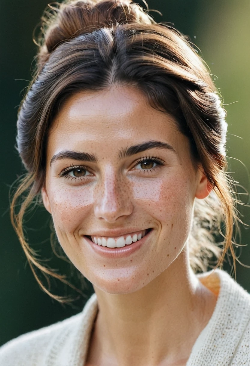 Portrait of Roberta Gemma, italian woman, 30 years old, face highly detailed, natural skin with light freckles, light make-up, hair pulled up in a bun, smiling.