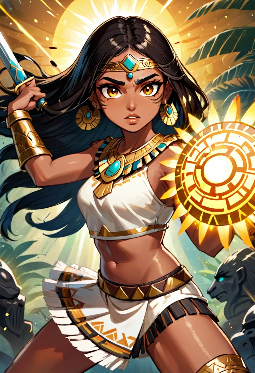 in D&D art style, create a female aztec warrior character, he has brown skin a black sholder length hair, and a golden shining eye. he is in a battle fight position.The picture must show the whole body