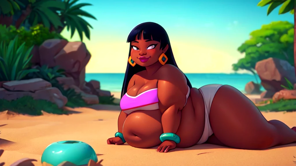 (work of art:1.2, best qualityer:1.2), soft ambient lighting, perfect lighting, 1 girl, standing alone, Chel, Bblack hair, long hair, rhombus stripe, eyes browns, darkskin, lipstick, big, Broad Hips, top of the tube, neckleace, bared shoulders, emerald earrings, emerald bracelets, looking at the camera with a smug expression on his face, beach background, very large body, fat belly rolls, big bresmile, fat ar thunder thighs, super fat, looking at viewer, wet clothes, sweating very hard, sexy looking, blob, bthtaking, bedroom, lying in bed, home