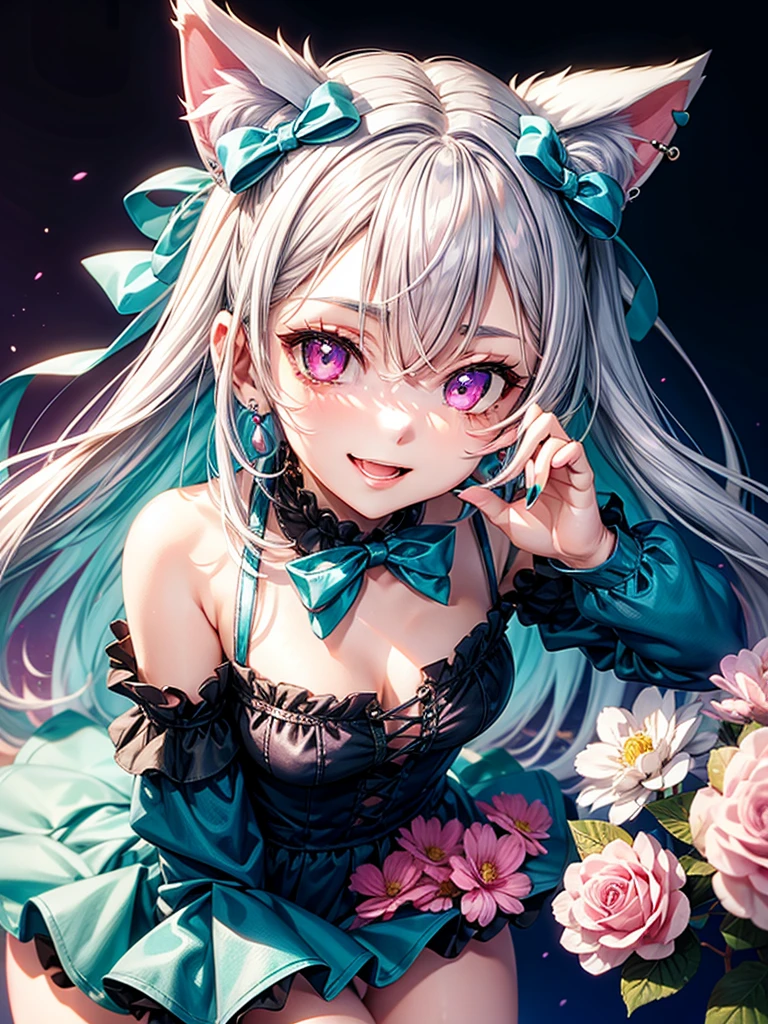 Silver hair, pink eyes, body, cat ears, adult girl, earrings, flower  background, teal blue clothes, hair bows, happy face, thigh up