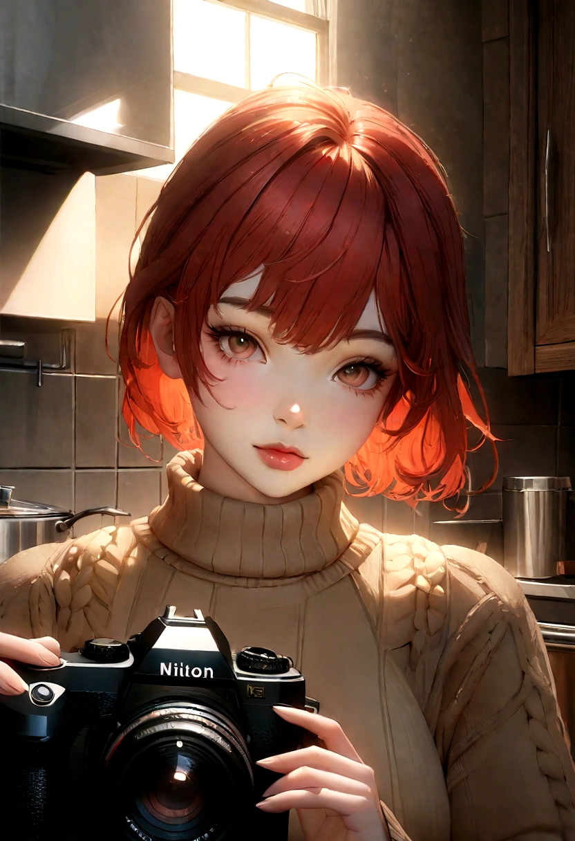 close up, portrait, leannadecker, ((wearing sweater)), inside, portrait, kitchen, holding coffee cup, winter fire, Open eyes, Best Quality, Upper part of the body, by lee jeffries nikon d850 film stock photography 4 kodak 400 f1 camera.6 lenses rich colors hyperrealistic realistic texture natural lighting unreal engine trend in artstation cinestill 800, (100mm lens), wide,, Red hair