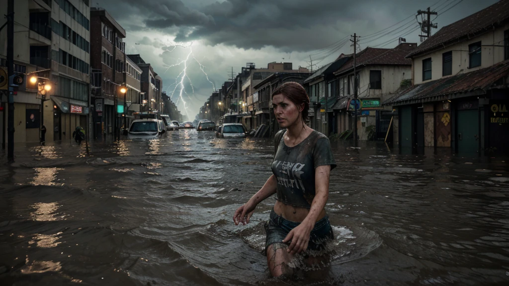 (Ellie the last of us 2), a half-length masterpiece, an 18 year old dark brown American girl with freckles running in the water, nervosa, Grieving, rosto com espressao Grieving, Grieving, Grievingsa, blue colored eyes, slim and slim body, very tiny breasts, pale skin, body soaking wet, dark gray t-shirt, ripped t-shirt, wet and dirty t-shirt, dirty t-shirt. very highly detailed face, freckles on the face, escaping, afraid, fleeing, woman is on the left side of the image, steady look, dynamic pose, on a flooded street in Manhattan late afternoon, Clouded, flooded city, flood, mud in the streets, mud in the streets, flooding in the streets, Brazil Rio Grande do Sul flooding, the last of us 2 background, apocalyptic atmosphere, The Last Of Us 2 vibes, thunderstorm, lightning, Tuuli, ripples, catastrophic lightning, ultra realistic photograph, ultra HD, 8K, Sharp Photography, wide angle.