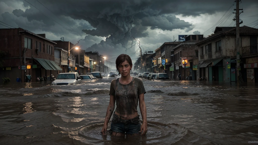 (Ellie the last of us 2), a half-length masterpiece, an 18 year old dark brown American girl with freckles running in the water, nervosa, Grieving, rosto com espressao Grieving, Grieving, Grievingsa, blue colored eyes, slim and slim body, very tiny breasts, pale skin, body soaking wet, dark gray t-shirt, ripped t-shirt, wet and dirty t-shirt, dirty t-shirt. very highly detailed face, freckles on the face, escaping, afraid, fleeing, woman is on the left side of the image, steady look, dynamic pose, on a flooded street in Manhattan late afternoon, Clouded, flooded city, flood, mud in the streets, mud in the streets, flooding in the streets, Brazil Rio Grande do Sul flooding, the last of us 2 background, apocalyptic atmosphere, The Last Of Us 2 vibes, thunderstorm, lightning, Tuuli, ripples, catastrophic lightning, ultra realistic photograph, ultra HD, 8K, Sharp Photography, wide angle.