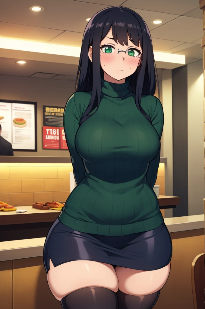 ((Masterpiece)), perfect anatomy, perfect shading, field of depth, (best quality), extremely delicate and beautiful, perfect lighting, detailed face, ultra cute face, cute, ((1girl)), ((solo))

long fluffy black hair, glasses, green eyes, ((blush)), nervous, looking at viewer, sweater, short skirt, medium breasts, thick thighs, wide hips, 

intricate background, detailed background, fast food restaurant, arms behind back, cowboy shot,
