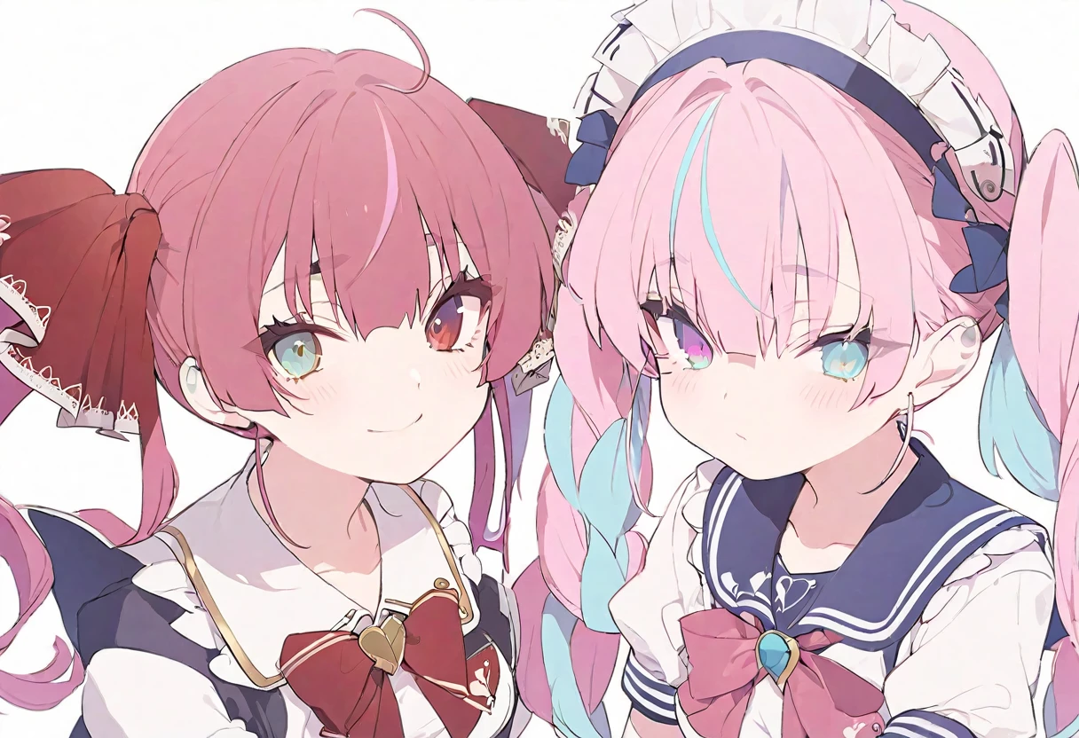 delicate、masterpiece、Highest quality、2 peopleの女の子、2 peopleだけ、2 people、virtual、Aquamarine、cute、(((Houshou Marine,cute、Redhead、Twin tails,distinct eyes,The left eye is yellow and the right eye is red.,captain uniform、Haveは無し)))、(((Minato Aqua、cute、Pink Hair、Light blue mesh hair、低めのTwin tails、Curly hair、Cute sailor maid outfit、Have)))、White Background、Flat Color、sketch