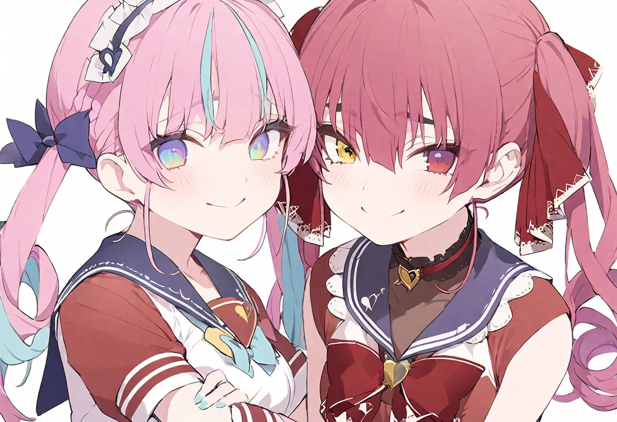 delicate、masterpiece、Highest quality、2 peopleの女の子、2 peopleだけ、2 people、virtual、Aquamarine、cute、(((Houshou Marine,cute、Redhead、Twin tails,distinct eyes,The left eye is yellow and the right eye is red.,captain uniform、Haveは無し)))、(((Minato Aqua、cute、Pink Hair、Light blue mesh hair、低めのTwin tails、Curly hair、Cute sailor maid outfit、Have)))、White Background、Flat Color、sketch