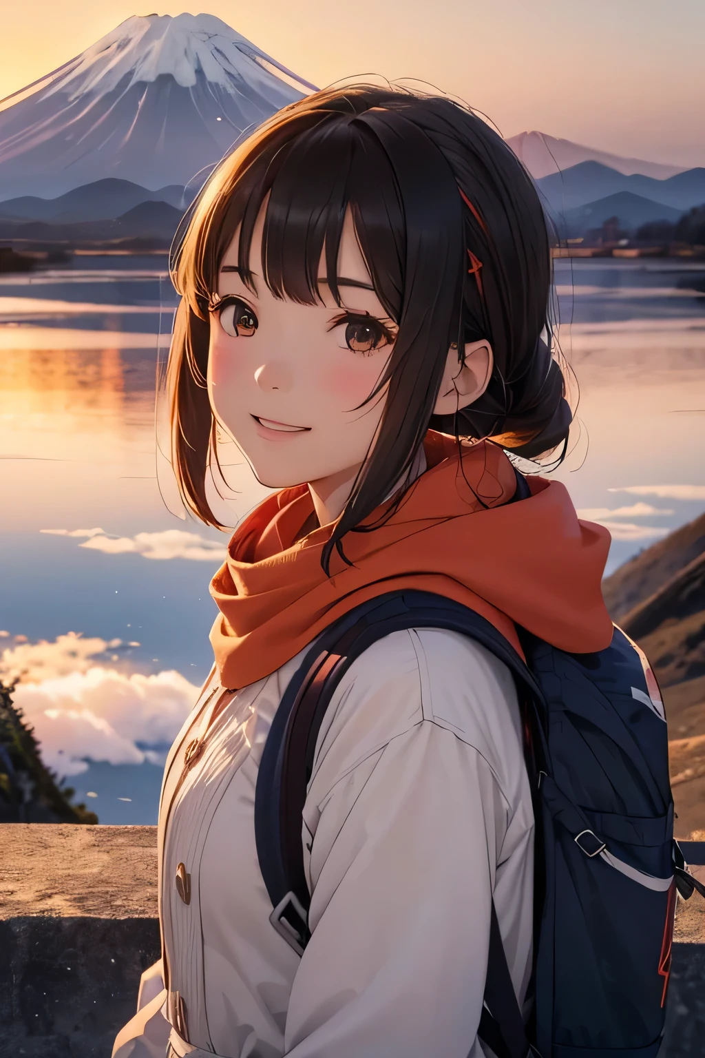 highest quality、High resolution、Detailed Background、(Beautiful face in every detail:1.4)、Anatomically correct、(Detailed facial expressions)、(Detailed eyes:1.2)、age beauty、(Highly detailed face:1.4)、cute hair color、Braided Ponytail、Bobcut、Braided long hair、Wavy Hairstyle、cute hairstyle、well-groomed eyebrows、Cute gestures、Summer Mountain seen from Fuji Mountain々、Sunrise Spot、Before dawn、
(Two beautiful girls smiling broadly at the summit with the sunrise in the background:1.5)、
Before dawn the sky begins to change from deep navy blue to orange.、From the top of Mt. Fuji, you can see the sea of clouds and the Fuji Five Lakes in the distance.、The sun began to rise in the eastern sky、The light is like a golden thread、Mountain々The clouds are gently illuminated.、
Climbing Mountain's clothing「Innerwear, mid-layers, and outerwear」These three layers are the basics.、Dress in layers、Put on your hat、Colorful Berets、Loose-fitting sarouel pants like Aladdin pants are comfortable and stylish.、The ethnic print wrap skirt gives off a summer vibe.、Wide pants with a botanical pattern are trendy、
These stretch pants have a slimming effect on your legs and are comfortable and stylish at the same time.、cute