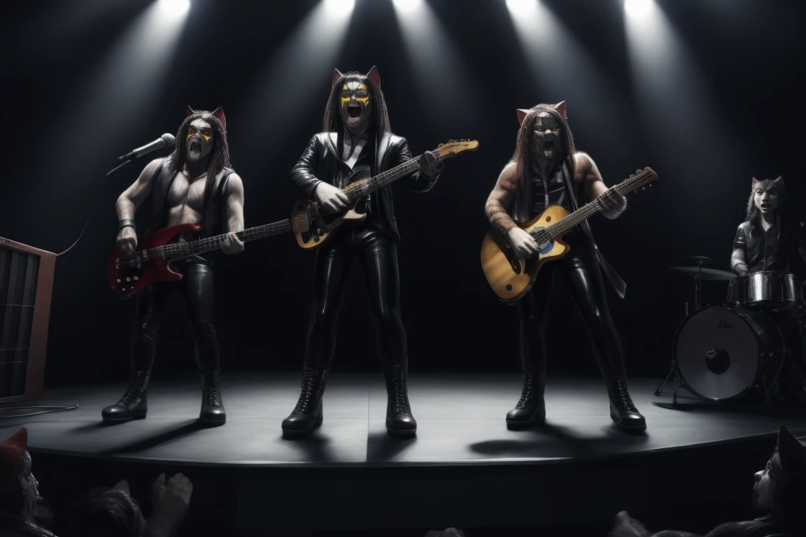 Three white male cats painted on their faces with black lines in different shapes, all with long hair. with high quality, 4k, hdr, dressed in this outfit open black leather vests without shirt tight black leather pants and black leather boots with demon faces engraved on the toe, two playing the guitar and singing, one singing and playing the bass, and one playing the drums behind everyone higher up. all singing on stage. Full body front view.