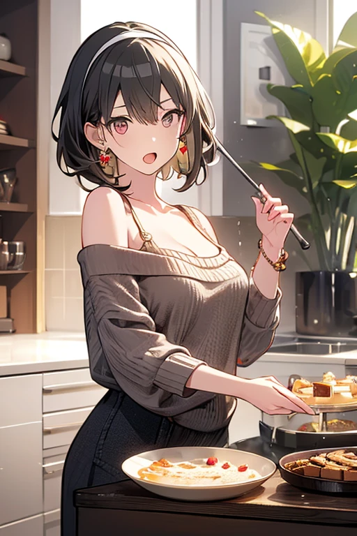 masterpiece, yor, 1girl, Amazing Cleavage:1.3, thin waist, big ass, Raised sexy, medium breast: 1.8 posed cleavage:1.2、solo, looking at viewer, open mouth, have a cup of coffee,black hair, red eyes, dress, bare shoulders, jewelry, collarbone, sidelocks, hairband, earrings, indoors, off shoulder, :o, sweater, arms behind back, plant, short hair with long locks, white hairband, off-shoulder dress, sweater dress, off-shoulder sweater, red sweater, big side hair, very long side hair,is rendered in (masterpiece: 1.2, best quality), with (ultra high resolution) and an exquisite (depth of field). This masterpiece is not only visually stunning but also tells, make of cake cooking ,in the kitchen
