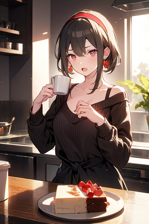 masterpiece, yor, 1girl, Amazing Cleavage:1.3, thin waist, big ass, Raised sexy, medium breast: 1.8 posed cleavage:1.2、solo, looking at viewer, open mouth, have a cup of coffee,black hair, red eyes, dress, bare shoulders, jewelry, collarbone, sidelocks, hairband, earrings, indoors, off shoulder, :o, sweater, arms behind back, plant, short hair with long locks, white hairband, off-shoulder dress, sweater dress, off-shoulder sweater, red sweater, big side hair, very long side hair,is rendered in (masterpiece: 1.2, best quality), with (ultra high resolution) and an exquisite (depth of field). This masterpiece is not only visually stunning but also tells, make of cake cooking ,in the kitchen