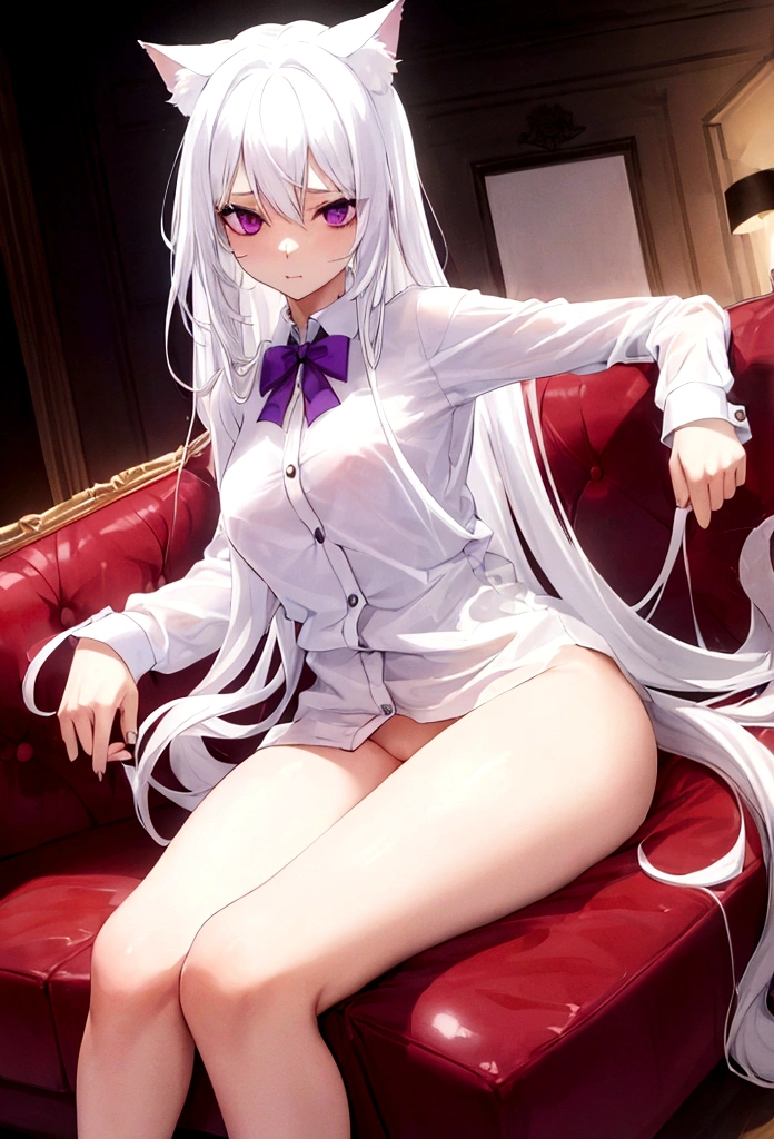 Girl,long hair,White hair,purple eye,cat ear, sexy,white shirt , naked below, show pussy , on red sofa, in living room