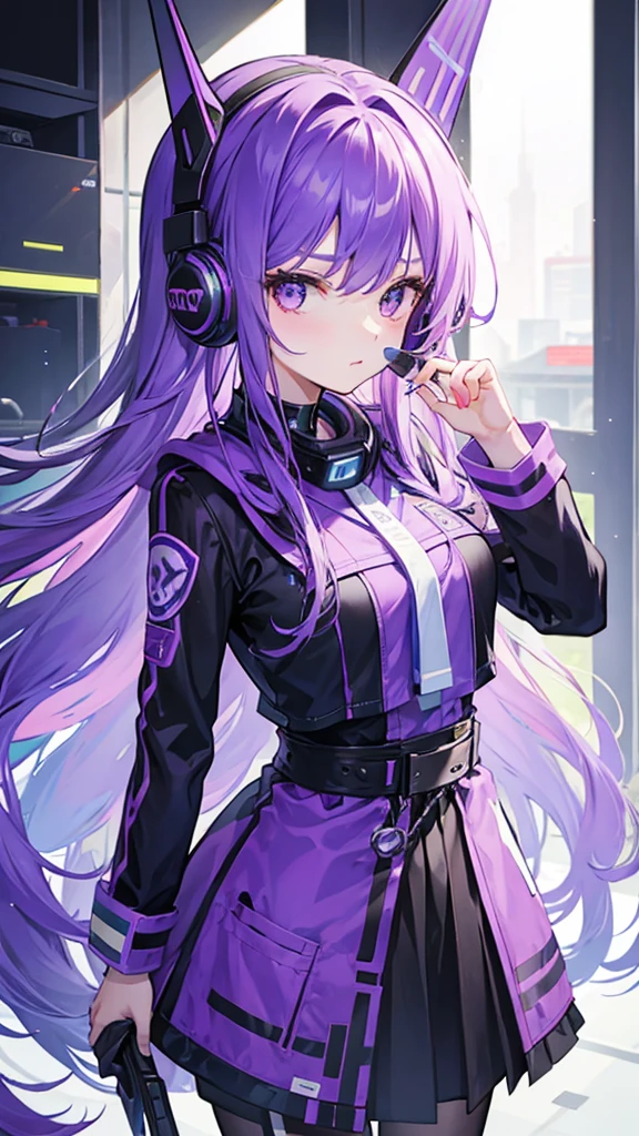 Girl with long purple hair wearing headset