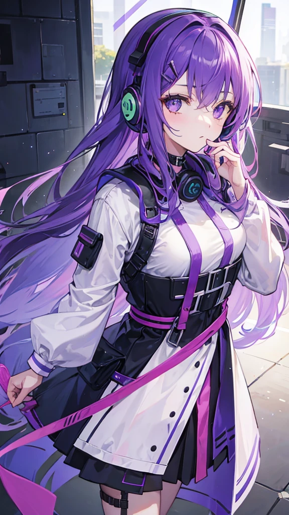 Girl with long purple hair wearing headset