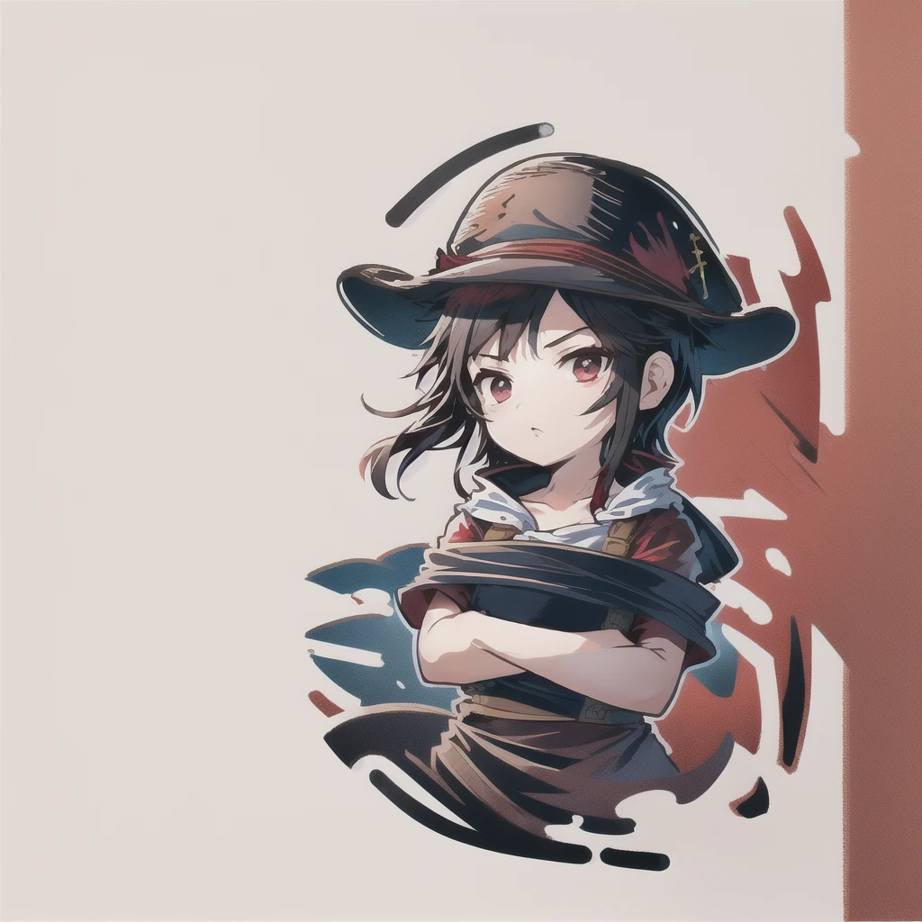 (​masterpiece, best quality), Intricate detailing, 8K, artstation, backdrop, offcial art, keen focus, 1 boy, One Piece, chibi, Straw Hat Logo, White background, simple sea background, black hair, pirate flag in the background, only up to the upper body, Strawhat, red top, Straw hat on the head, Straw